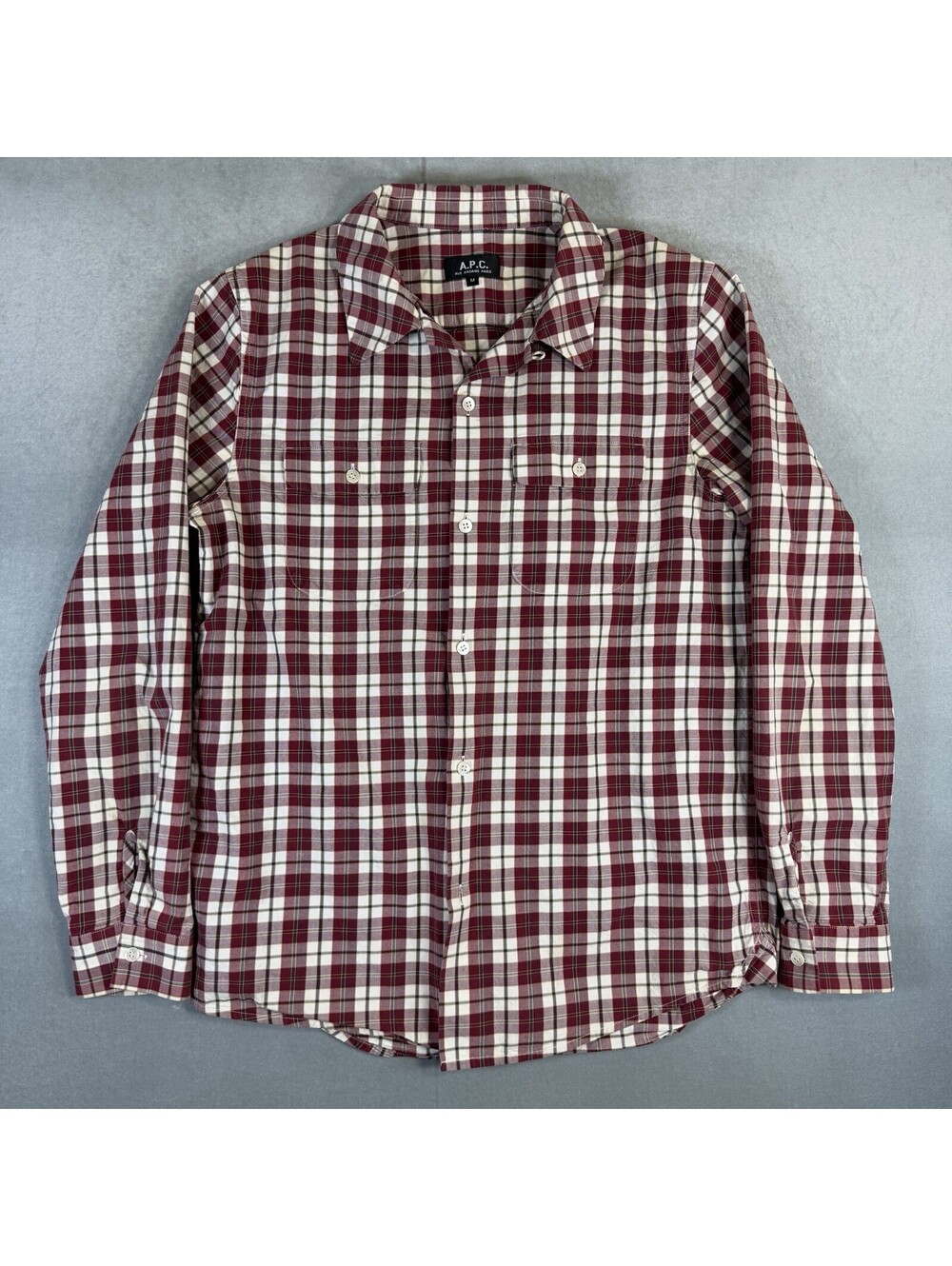 A.P.C. Shirt Men’s Medium Red Plaid Camp Collar Button Up Rue Madam Paris
